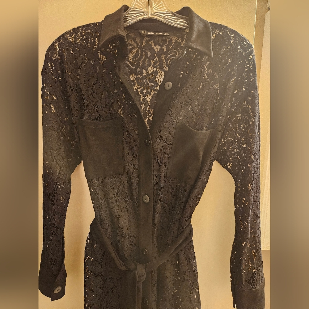 Zara Black Lace Button-Up Shirt Dress With Tie Size Small - Picture 4 of 6